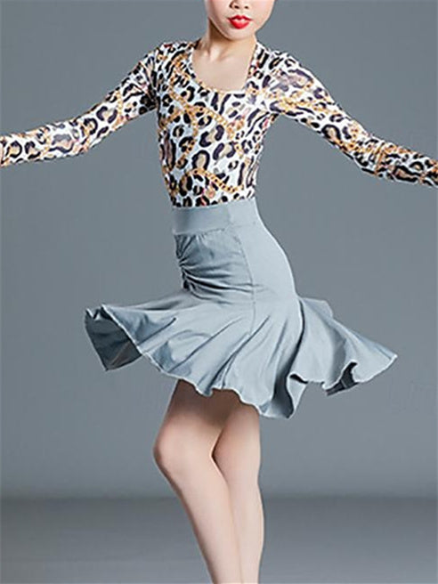 Jupes de Danse Latine pour Enfants, Vêtements de Danse Imprimés, Manches Longues, Performance en Élasthanne pour Filles