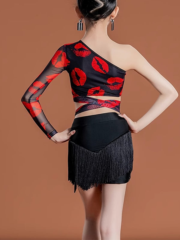 Vêtements de Danse Latine pour Enfants - Manches Longues Naturelles - Pompons - Performance et Chinlon pour Filles