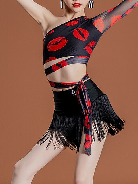 Vêtements de Danse Latine pour Enfants - Manches Longues Naturelles - Pompons - Performance et Chinlon pour Filles