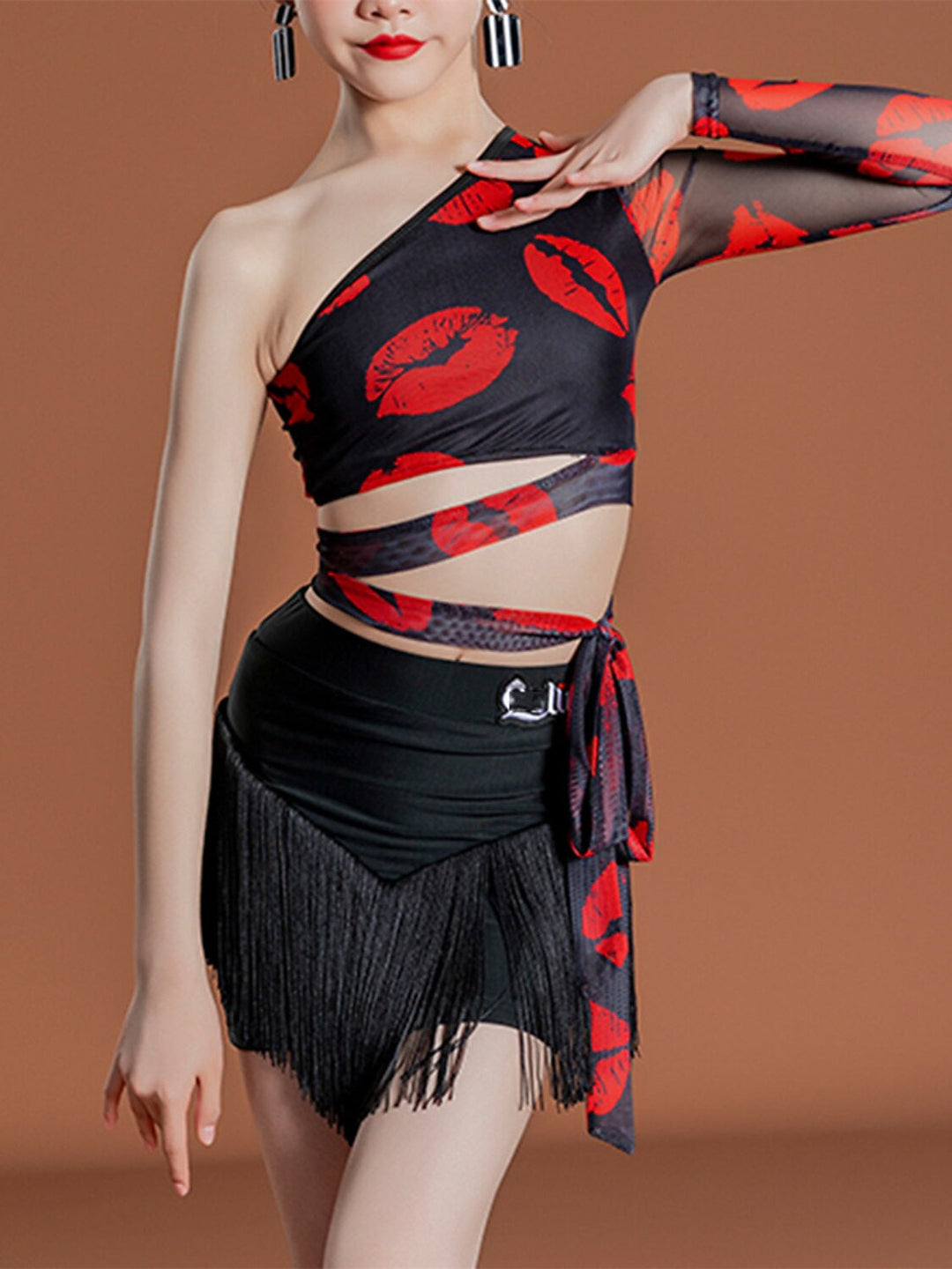 Vêtements de Danse Latine pour Enfants - Manches Longues Naturelles - Pompons - Performance et Chinlon pour Filles