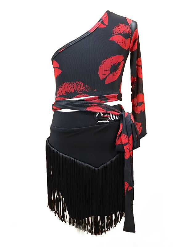 Vêtements de Danse Latine pour Enfants - Manches Longues Naturelles - Pompons - Performance et Chinlon pour Filles