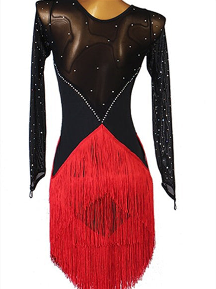 Robe de Danse Latine pour Femmes avec Cristaux et Strass à Pampilles et Manches Longues pour Femmes