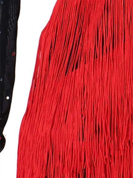 Robe de Danse Latine pour Femmes avec Cristaux et Strass à Pampilles et Manches Longues pour Femmes