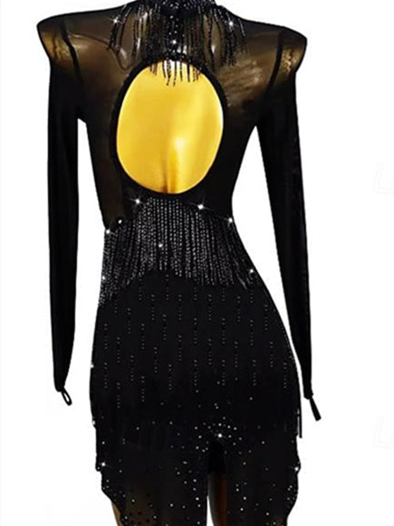 Robe de Danse Latine pour Femmes, Tenue de Danse Latine à Pompons en Strass, Entraînement de Performance pour Femmes, Manches Longues