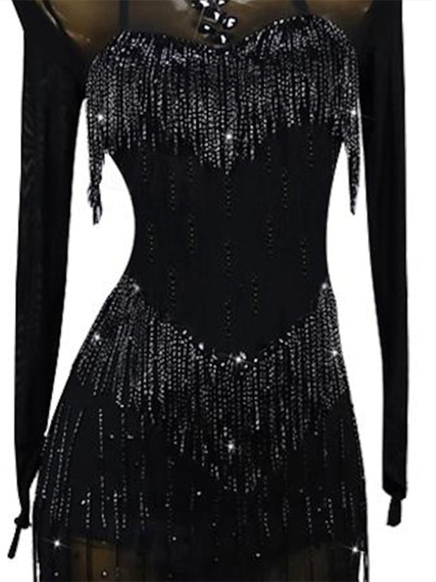 Robe de Danse Latine pour Femmes, Tenue de Danse Latine à Pompons en Strass, Entraînement de Performance pour Femmes, Manches Longues