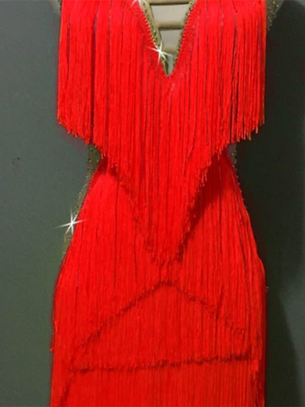 Short de Danse Latine Salsa à Paillettes avec Franges et Pompons pour Femme® Performance Sans Manches en Élasthanne