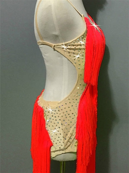 Short de Danse Latine Salsa à Paillettes avec Franges et Pompons pour Femme® Performance Sans Manches en Élasthanne