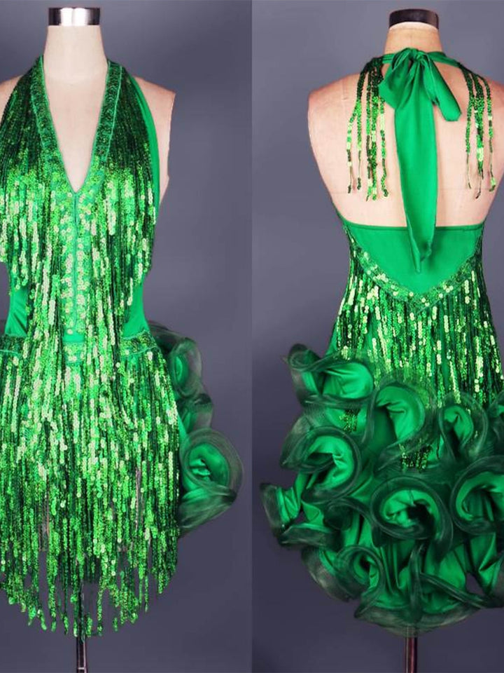 Vêtements de Danse pour Femmes Robe de Danse Latine à Pompons Entraînement de Performance pour Femmes Sans Manches Nylon Naturel