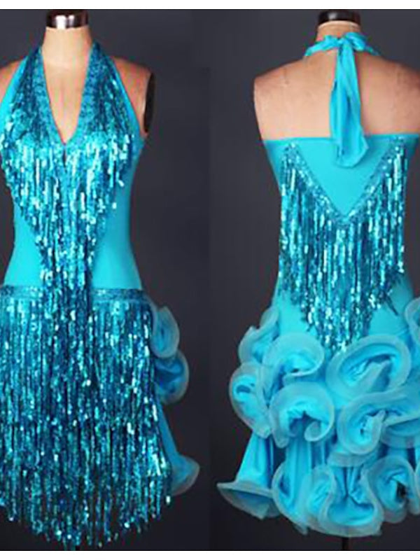 Vêtements de Danse pour Femmes Robe de Danse Latine à Pompons Entraînement de Performance pour Femmes Sans Manches Nylon Naturel