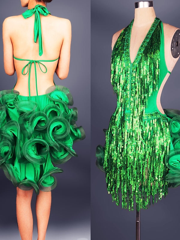 Vêtements de Danse pour Femmes Robe de Danse Latine à Pompons Entraînement de Performance pour Femmes Sans Manches Nylon Naturel