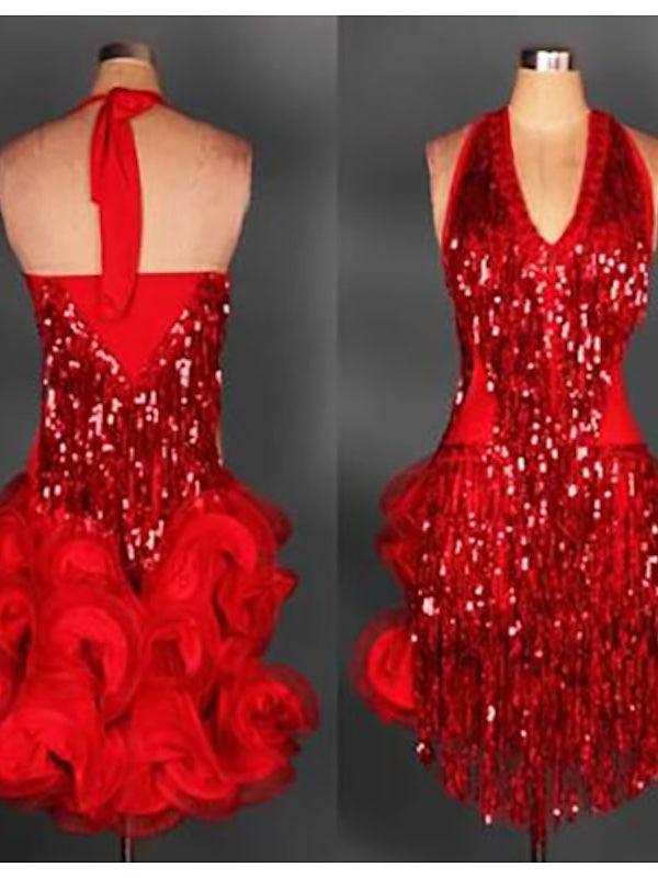 Vêtements de Danse pour Femmes Robe de Danse Latine à Pompons Entraînement de Performance pour Femmes Sans Manches Nylon Naturel