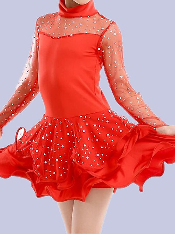 Robe de Danse Latine pour Enfants, Couleur Pure, Paillettes, Tulle, Manches Longues, Performance pour Filles et Tulle Élasthanne