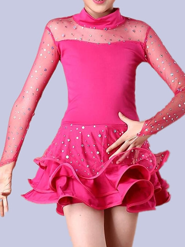 Robe de Danse Latine pour Enfants, Couleur Pure, Paillettes, Tulle, Manches Longues, Performance pour Filles et Tulle Élasthanne