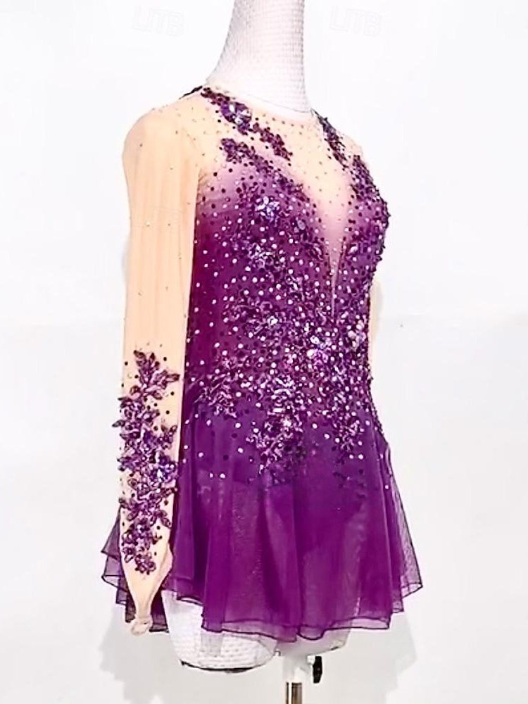 Robe de Patinage Artistique pour Femmes et Filles, Patchwork Violet Glacé, Maille à Trou pour le Pouce, Vêtements de Patinage à Haute Élasticité