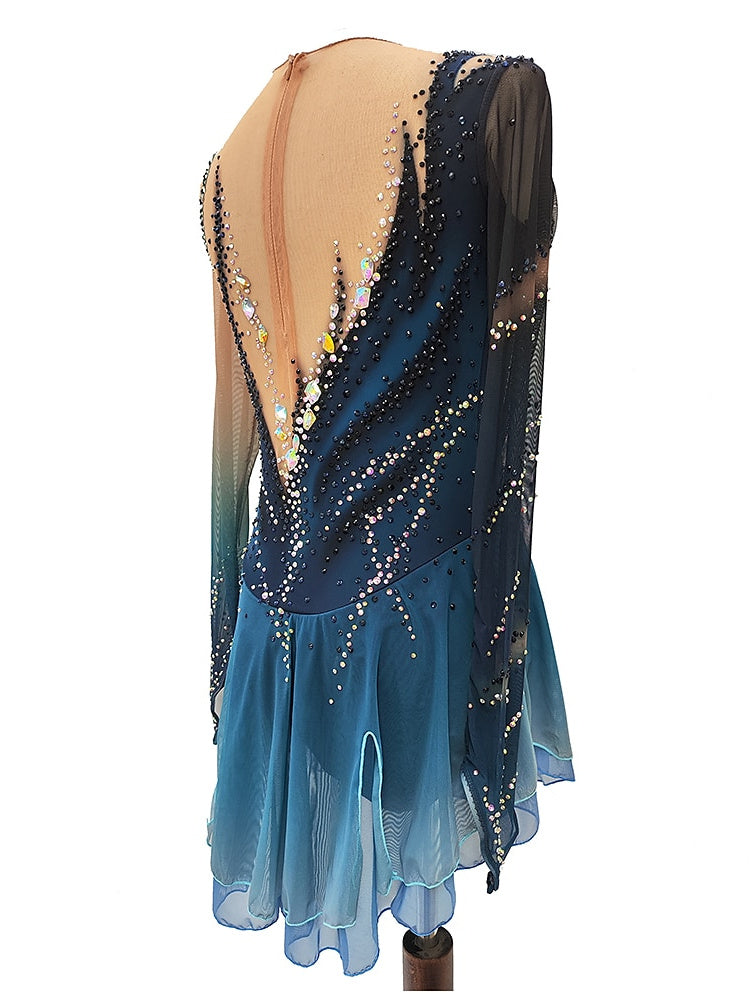 Robe de Patinage Artistique Thermique et Chaude pour Femme et Fille, Tenue de Patinage Artistique à Haute Élasticité avec Trou pour le Pouce et Teinture Halo, Bleu Foncé
