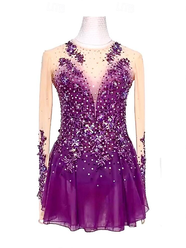 Robe de Patinage Artistique pour Femmes et Filles, Patchwork Violet Glacé, Maille à Trou pour le Pouce, Vêtements de Patinage à Haute Élasticité