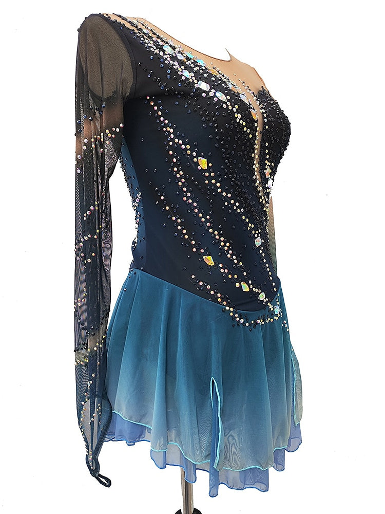 Robe de Patinage Artistique Thermique et Chaude pour Femme et Fille, Tenue de Patinage Artistique à Haute Élasticité avec Trou pour le Pouce et Teinture Halo, Bleu Foncé