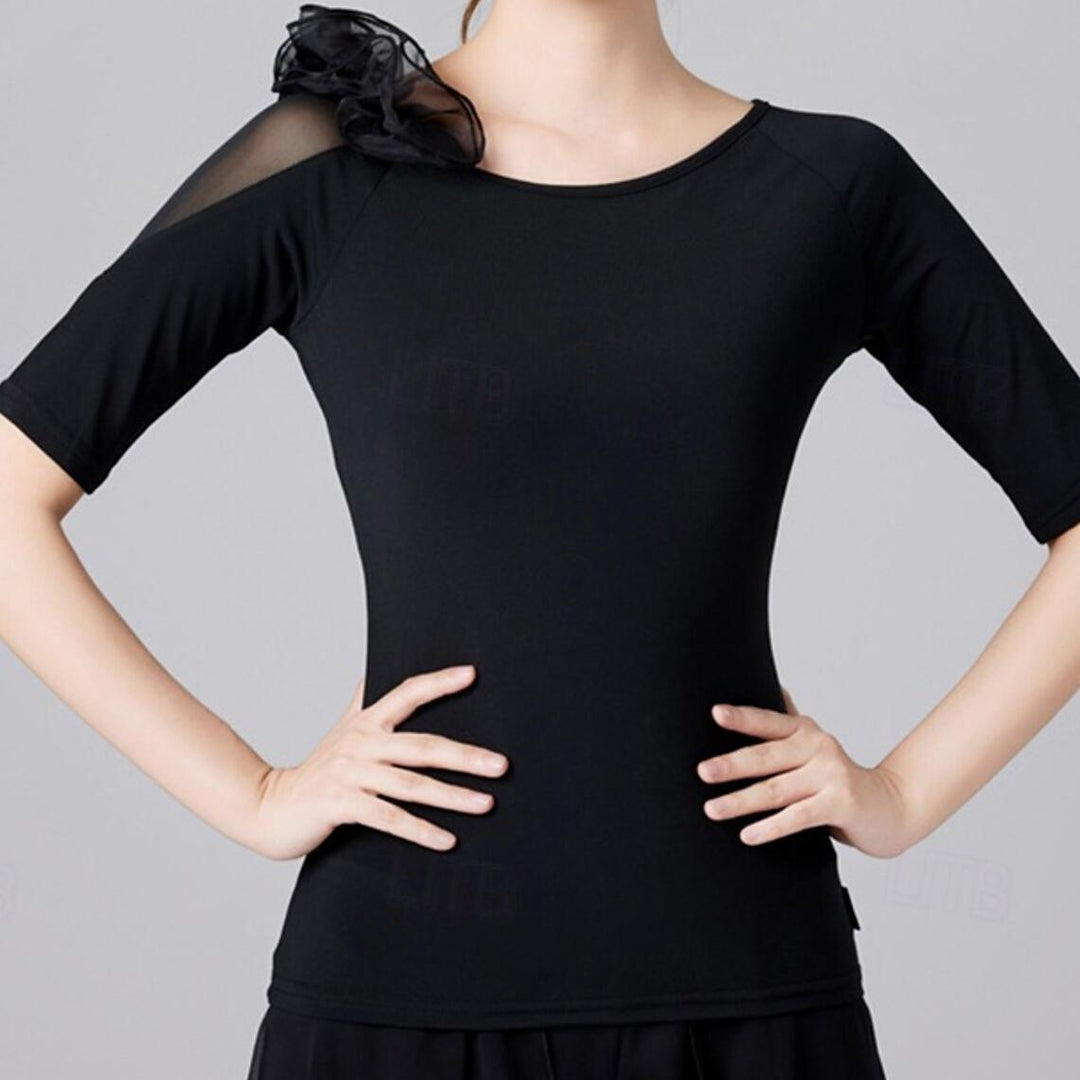 Danse Latine à Manches Courtes, Couleur Pure, Volants, Épissage, Entraînement de Performance pour Femmes