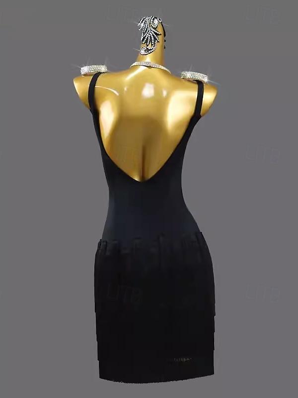 Robe de Danse Latine Salsa Chinlon à Pompons de Couleur Pure Sans Manches avec Épissure pour Femme