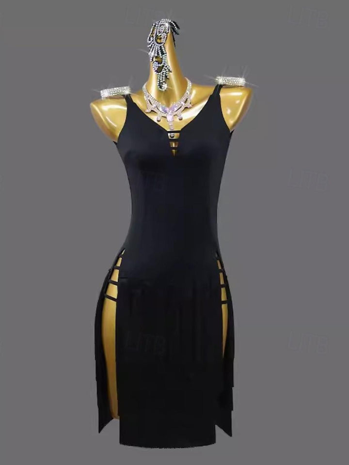 Robe de Danse Latine Salsa Chinlon à Pompons de Couleur Pure Sans Manches avec Épissure pour Femme