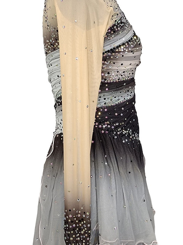 Robe de Patinage Artistique pour Femmes et Filles, Robe de Patinage Sur Glace, Patchwork Gris, Trou pour le Pouce, Maille, Élasthanne, Extensible, Entraînement, Pratique, Patinage Professionnel, Cristal/Strass, Manches Longues, Patinage Artistique
