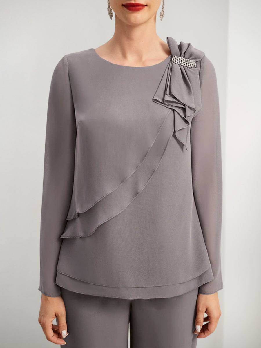 Tailleur-Pantalon en Mousseline de Soie pour Mère de la Mariée avec Perles et Volants