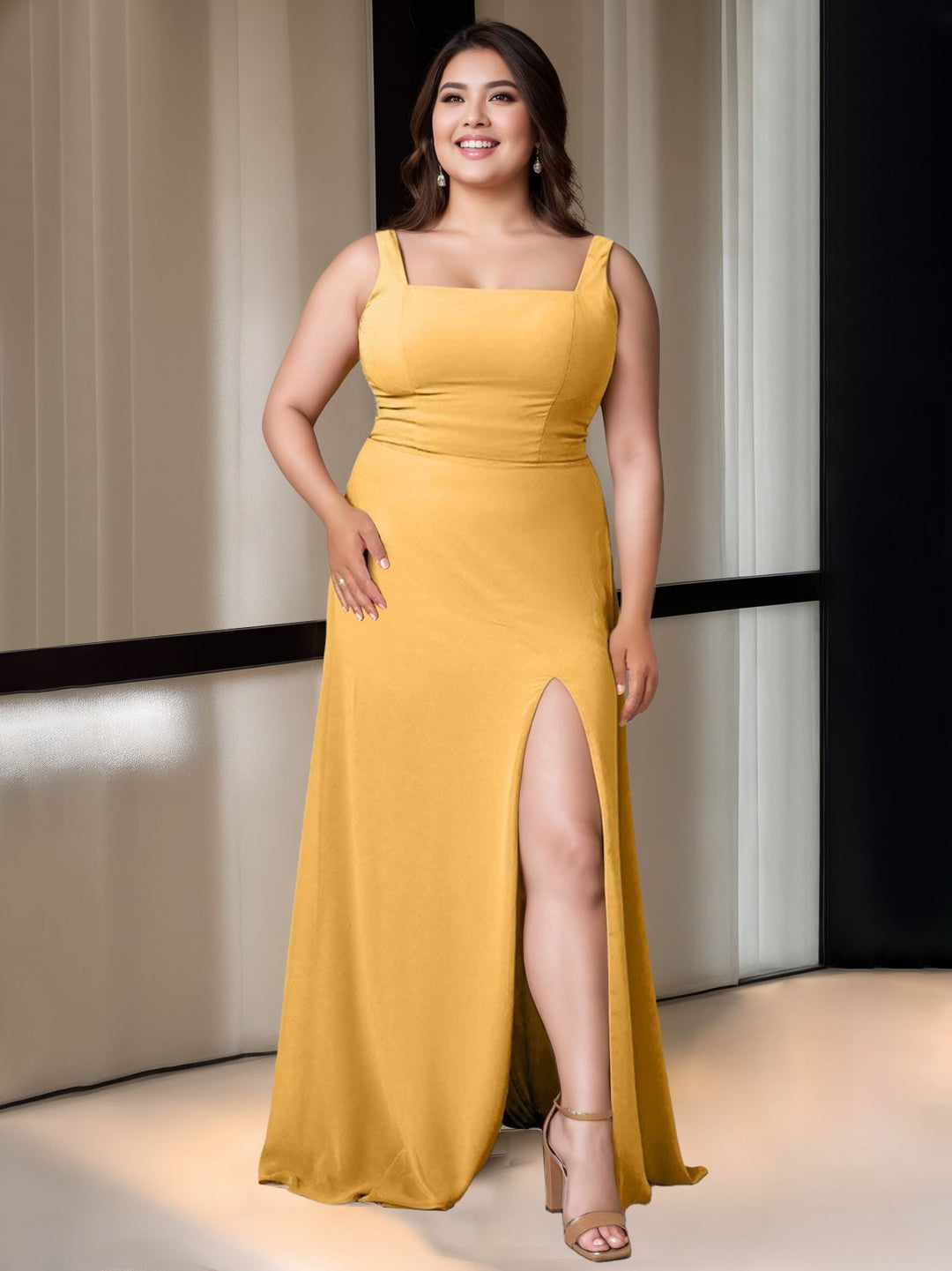 Ligne A/Princesse Carrée Neck Sans Manches La Longueur du Sol Robes de Demoiselle d'Honneur avec Côté Divisé