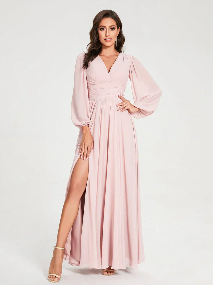 Ligne A/Princesse Col en V Manches Longues La Longueur du Sol Robes de Demoiselle d'Honneur avec Poches & Côté Divisé