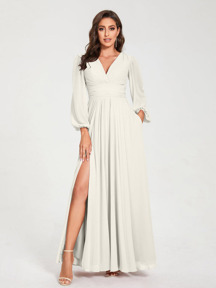 Ligne A/Princesse Col en V Manches Longues La Longueur du Sol Robes de Demoiselle d'Honneur avec Poches & Côté Divisé