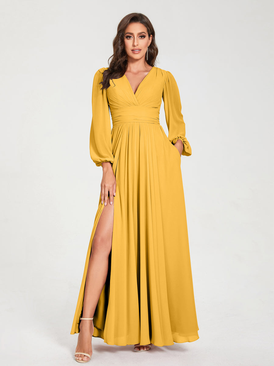 Ligne A/Princesse Col en V Manches Longues La Longueur du Sol Robes de Demoiselle d'Honneur avec Poches & Côté Divisé