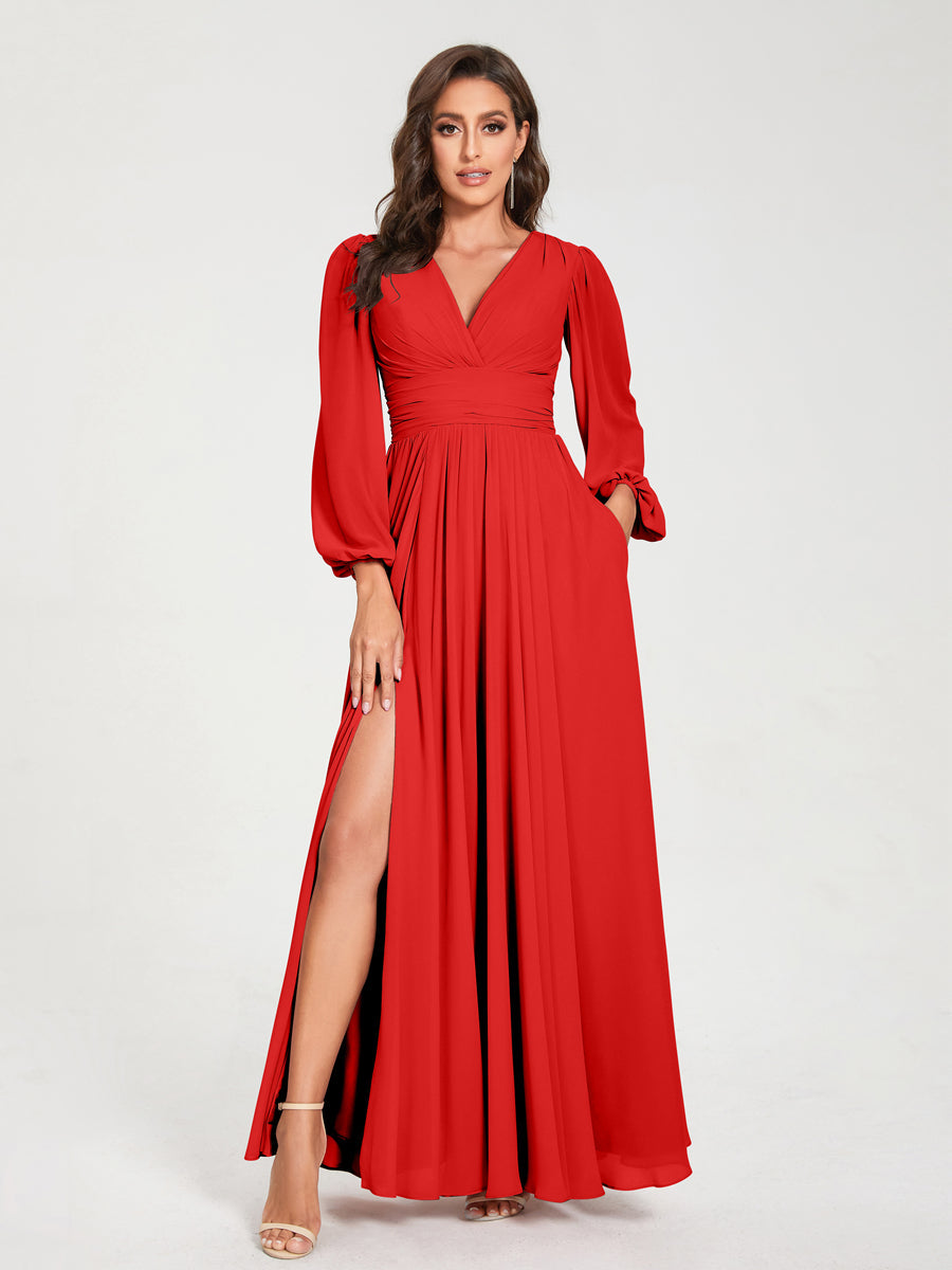 Ligne A/Princesse Col en V Manches Longues La Longueur du Sol Robes de Demoiselle d'Honneur avec Poches & Côté Divisé