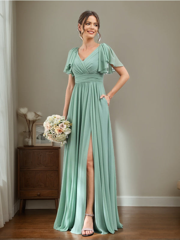 Ligne A/Princesse Col en V Manches Courtes Mousseline Robes de Demoiselle d'Honneur avec Fente Haute & Poches
