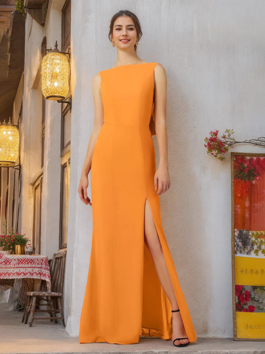 Ligne A/Princesse Col rond Sans Manches La Longueur du Sol Robes de Demoiselle d'Honneur avec Côté Divisé