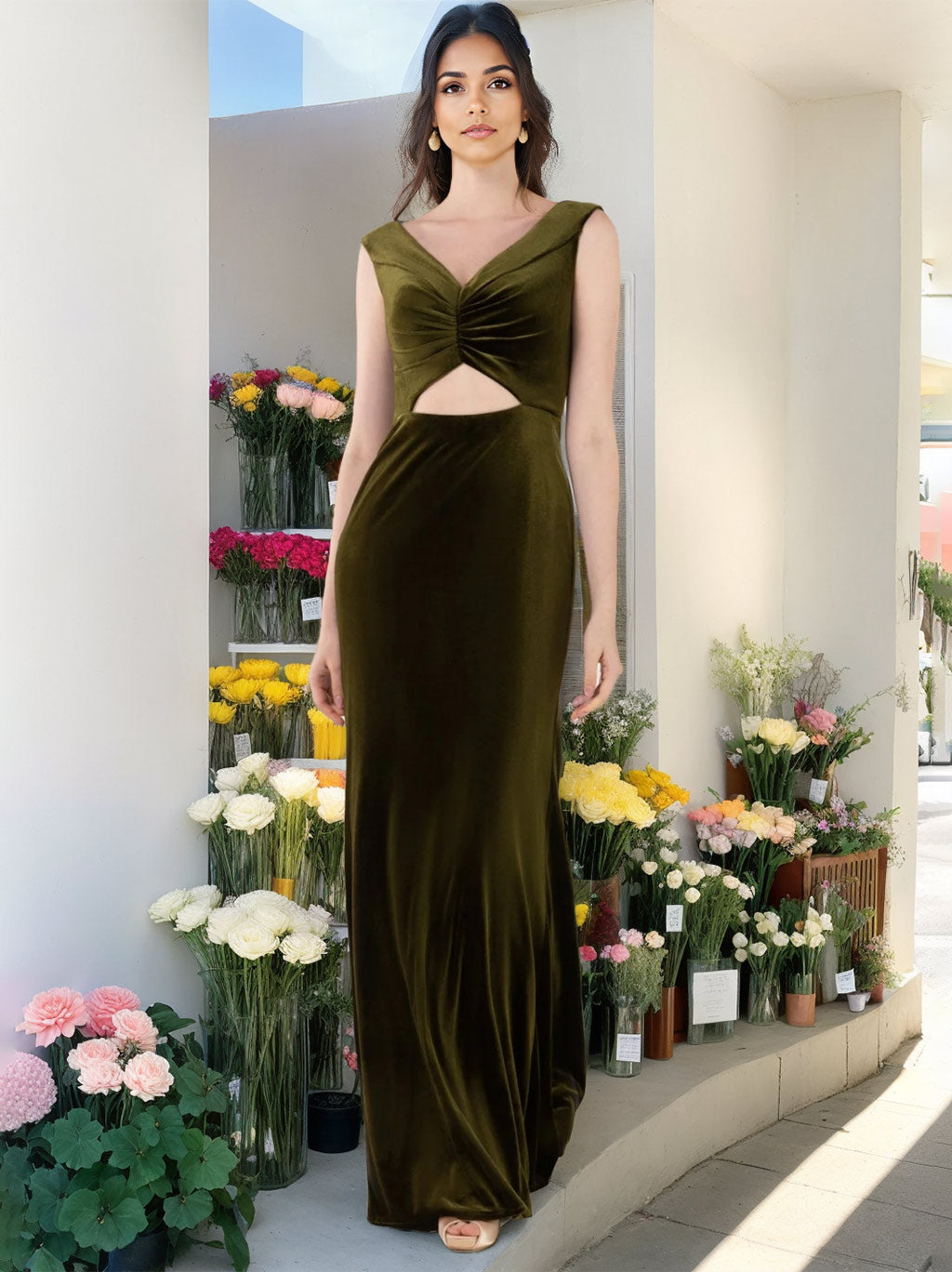 Ligne A/Princesse Col en V Sans Manches La Longueur du Sol Velours Unique Robes de Demoiselle d'Honneur avec Froufrous