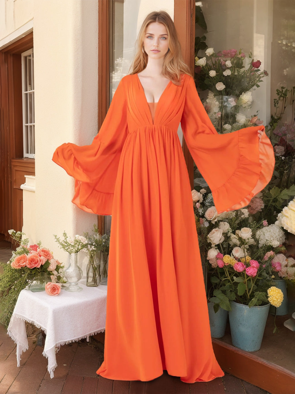 Ligne A/Princesse Deep Col en V Manches Longues La Longueur du Sol Robes de Demoiselle d'Honneur avec Froufrous