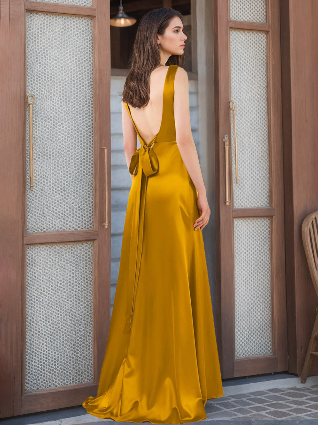 Ligne A/Princesse Carré Sans Manches La Longueur du Sol Satin Robes de Demoiselle d'Honneur avec Noeud Papillon