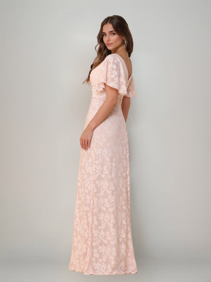 Ligne A/Princesse Col en V Manches Courtes La Longueur du Sol Robes de Demoiselle d'Honneur avec Côté Divisé & Ruché