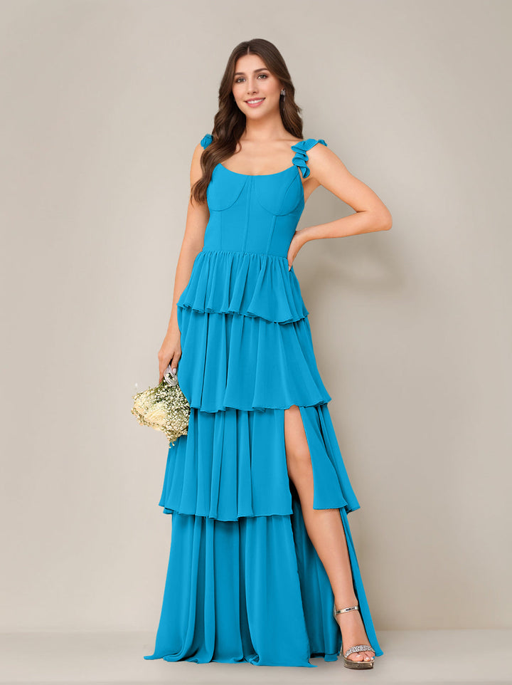 Ligne A/Princesse Scoop Neck Sans Manches La Longueur du Sol Robe de Demoiselle d'Honneur avec Froufrous & Côté Divisé