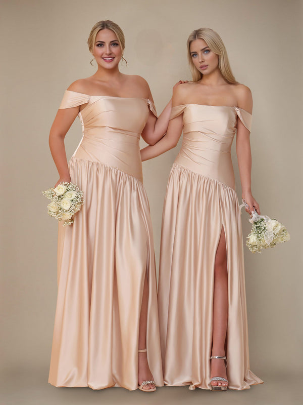 Ligne A/Princesse Hors de l'Épaule Sans Manches La Longueur du Sol Satin de Soie Robes de Demoiselle d'Honneur avec Pleated & Côté Divisé