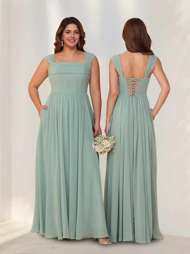 Ligne A/Princesse Carré Neck Sans Manches La Longueur du Sol Mousseline Robes de Demoiselle d'Honneur avec Plis