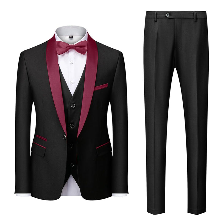 Costumes de Mariage 3 Pièces pour Hommes, Coupe Ajustée, Simple Boutonnage, Couleur Unie, Bleu Bordeaux Gris Rouge Noir