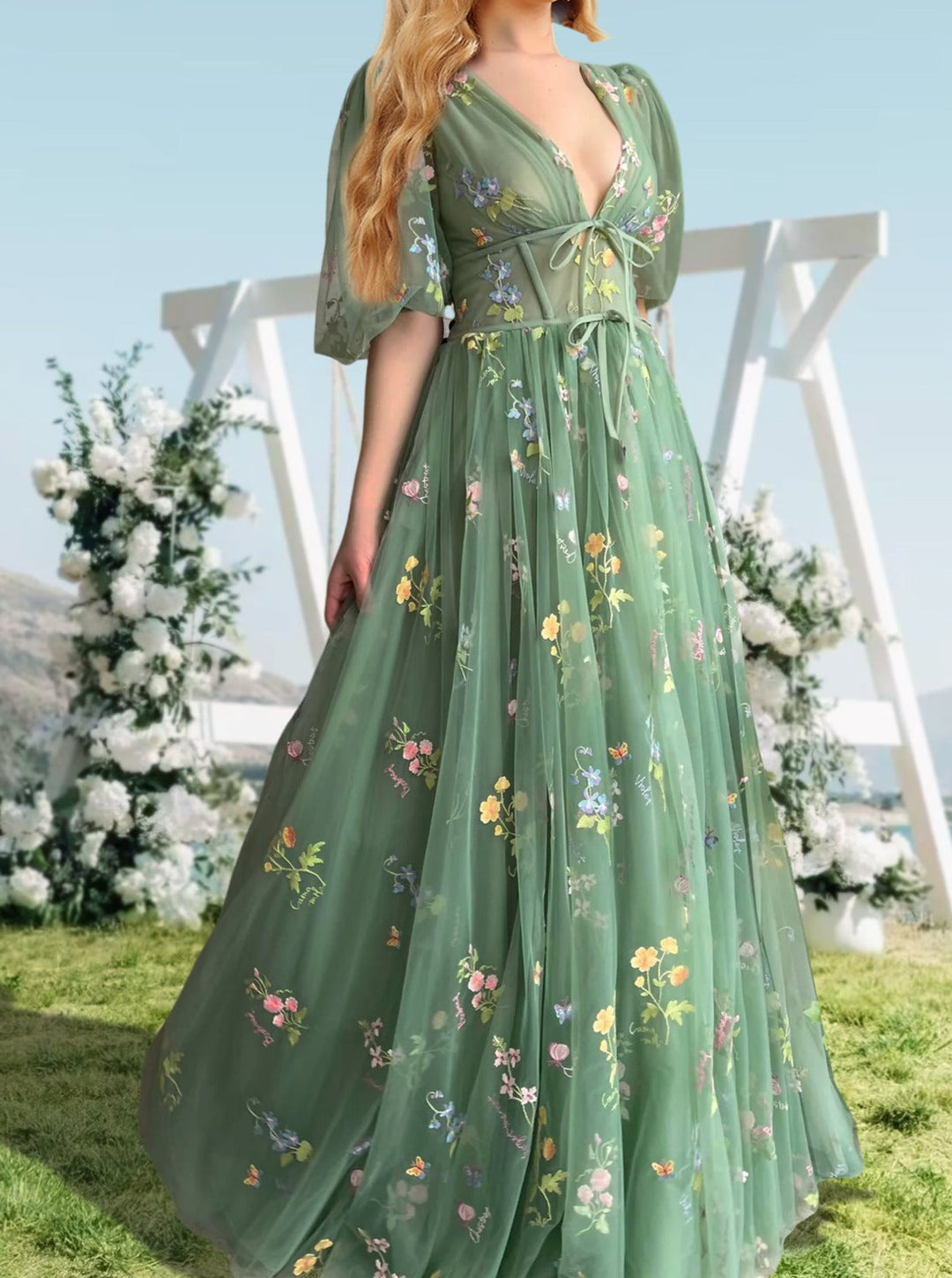 Robe de Bal Longue à Fleurs, Coupe A-Line/Princesse, Col en V, Manches Courtes, Motif Floral