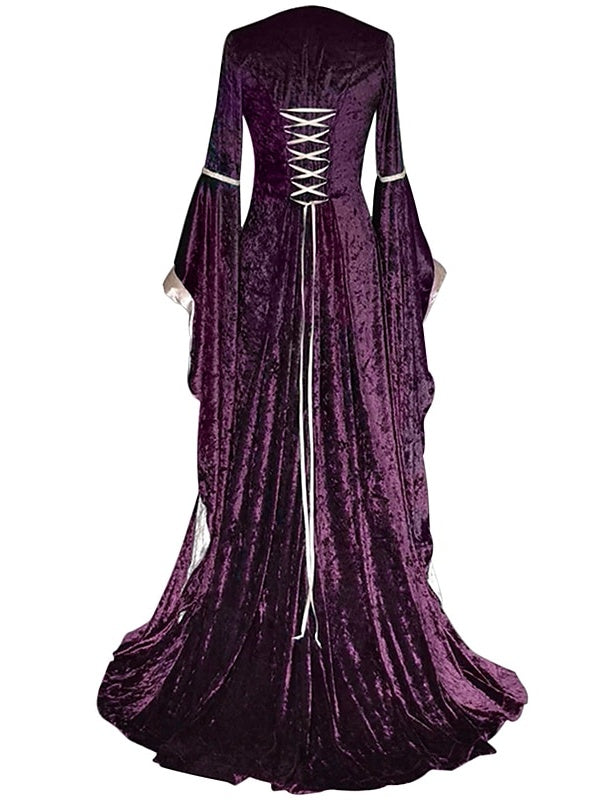 Robe de Bal Rétro à Col Carré et Manches Longues, Longueur Au Sol, Costume de Spectacle D'Halloween
