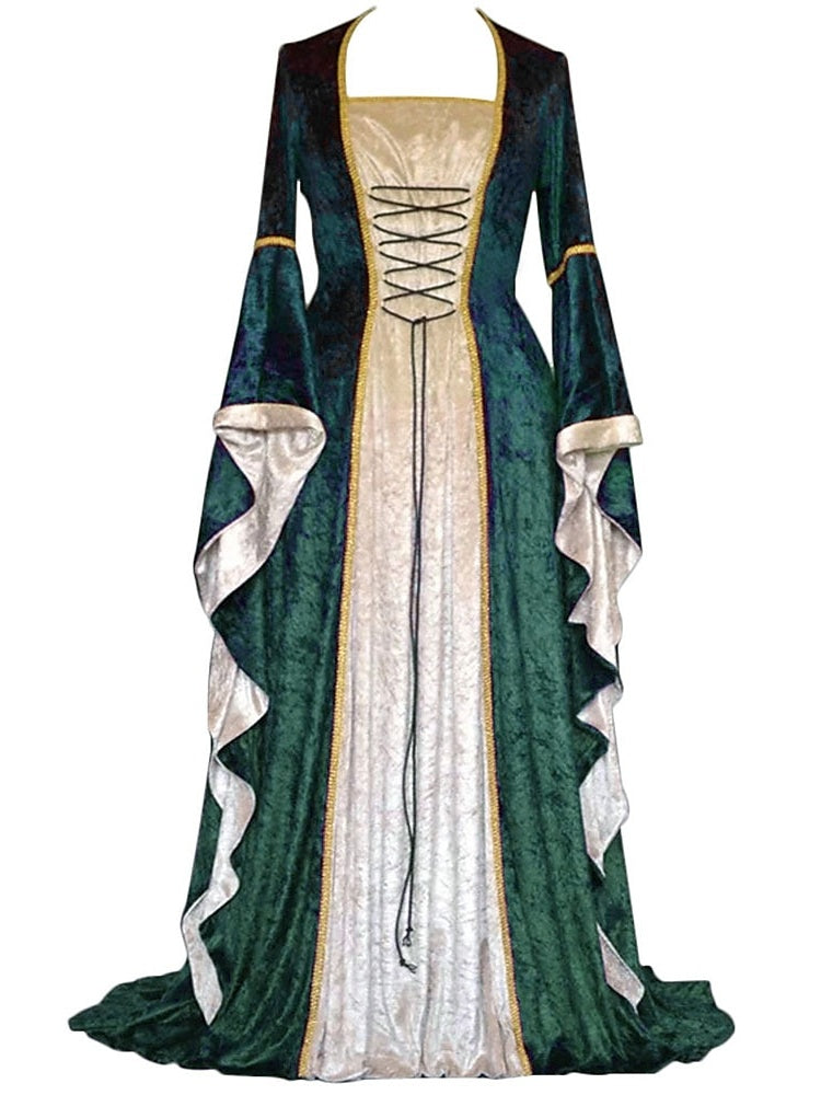 Robe de Bal Rétro à Col Carré et Manches Longues, Longueur Au Sol, Costume de Spectacle D'Halloween
