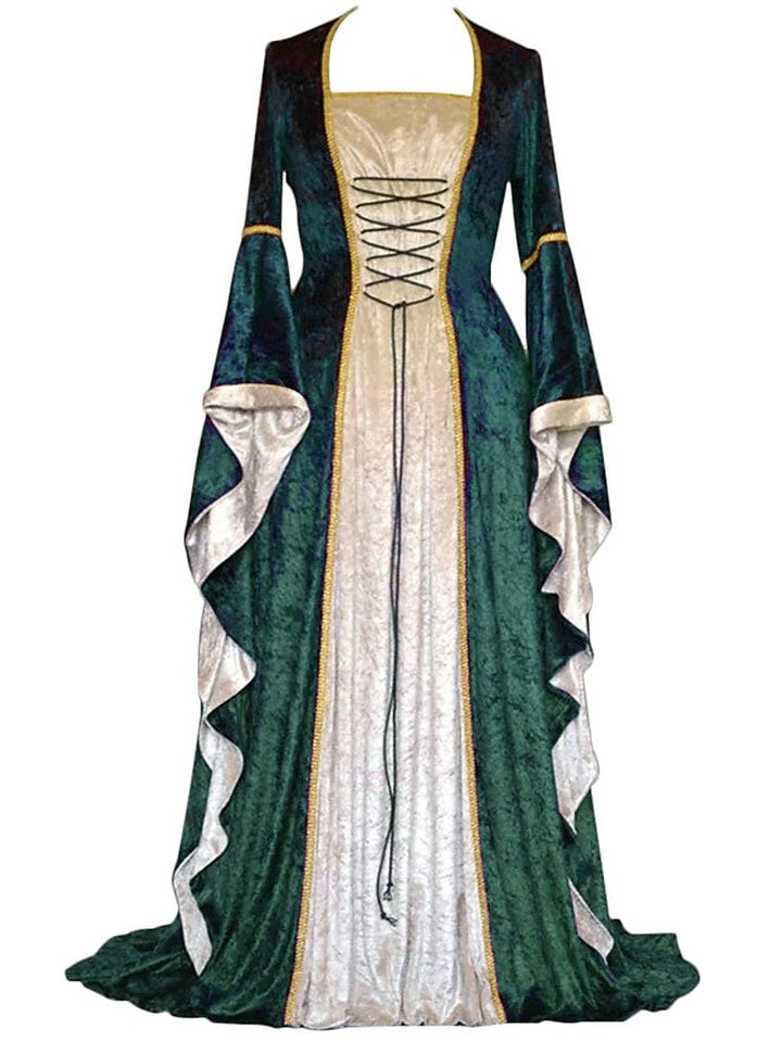 Robe de Bal Rétro à Col Carré et Manches Longues, Longueur Au Sol, Costume de Spectacle D'Halloween