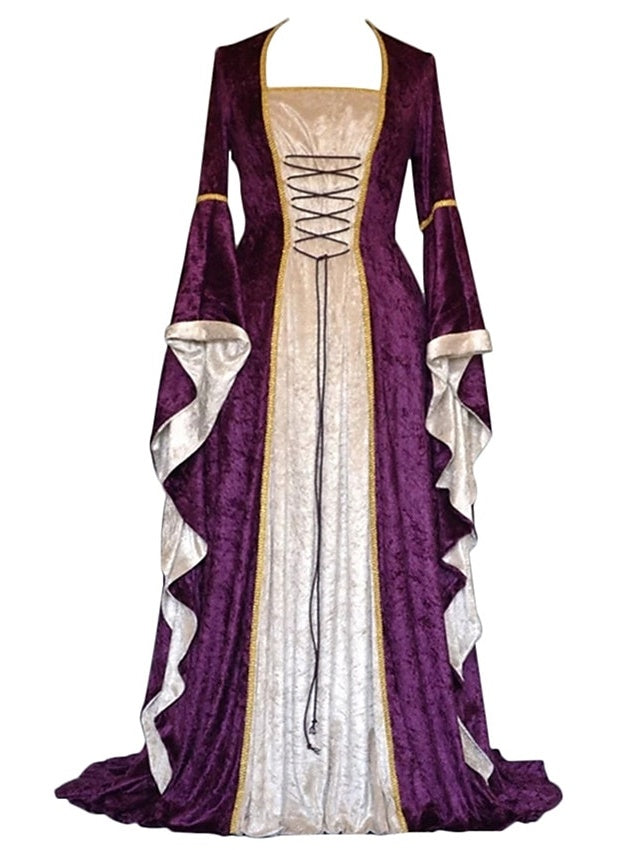 Robe de Bal Rétro à Col Carré et Manches Longues, Longueur Au Sol, Costume de Spectacle D'Halloween