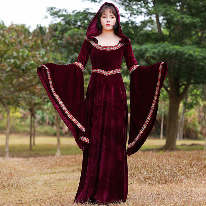 Robe de Costume D'Halloween à Manches Longues et Col en V, Coupe Trapèze/Princesse, Longueur Au Sol