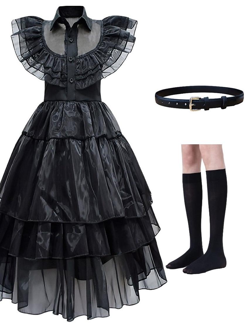 Robe de Costume D'Halloween Asymétrique à Manches Courtes et Col Bijou, Coupe A-Line/Princess, avec Ceinture à la Taille