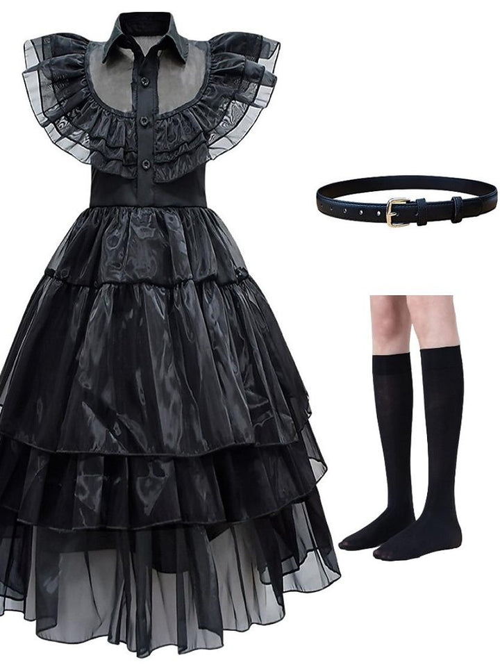 Robe de Costume D'Halloween Asymétrique à Manches Courtes et Col Bijou, Coupe A-Line/Princess, avec Ceinture à la Taille