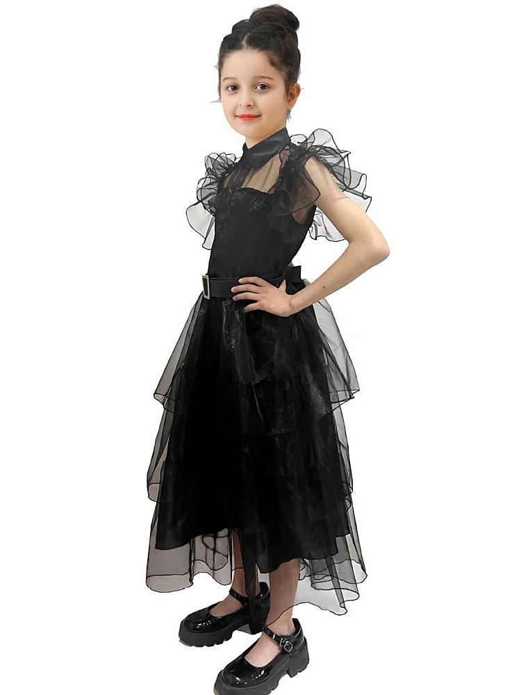 Robe de Costume D'Halloween Asymétrique à Manches Courtes et Col Bijou, Coupe A-Line/Princess, avec Ceinture à la Taille